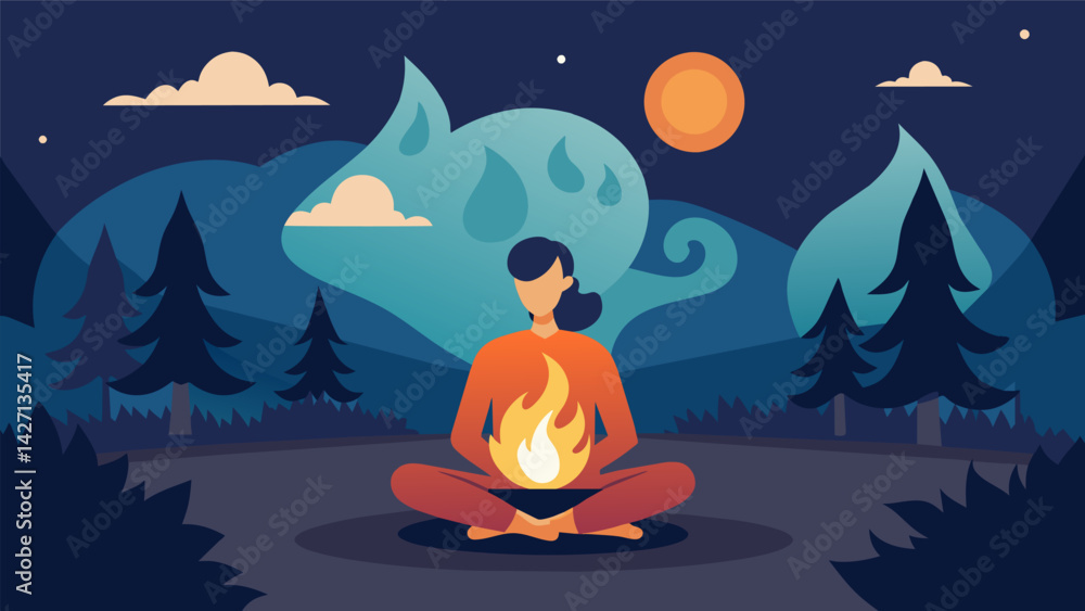 Poster a moment of quietude as the fires rhythmic crackles prompt introspection.. vector illustration