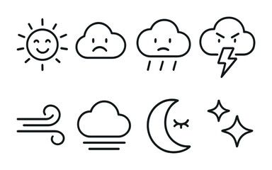 Fototapeta premium Weather conditions icon set – outline symbols for climate and forecast: sun, cloud, rain, storm, wind, moon, stars