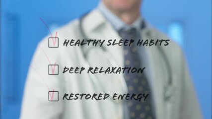 Doctor marking checkboxes on a transparent screen, indicating healthy sleep habits, deep relaxation, and restored energy as key elements of well being