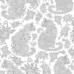 Fototapeta premium Cats and flowers, hand drawn doodles, paisley floral pattern, grey and white colors. Seamless floral pattern-682.