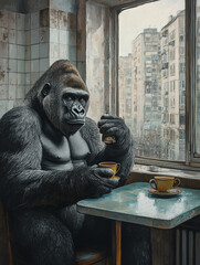 
gorilla sitting at the kitchen table, Soviet vintage kitchen from inside