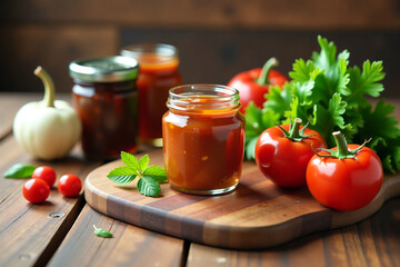 Rustic homemade tomato sauce preserved in glass jars with fresh ingredients