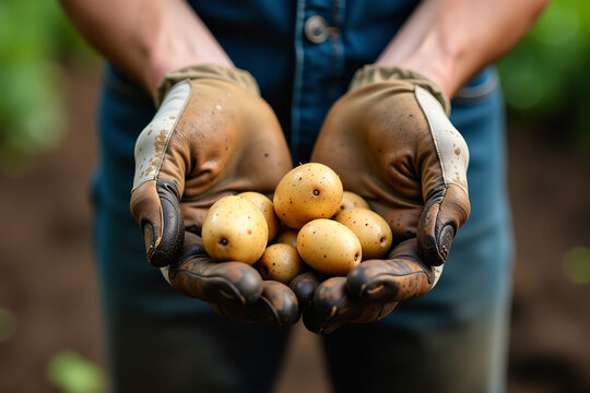  Hands gentle holding freshly harvested potatoes representing bounty from the earth