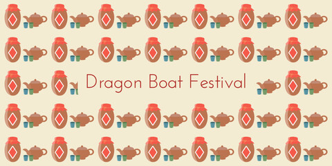 Dragon Boat Festival background with Chinese realgar wine, teapot and cups. Vector illustration for Duanwu Festival