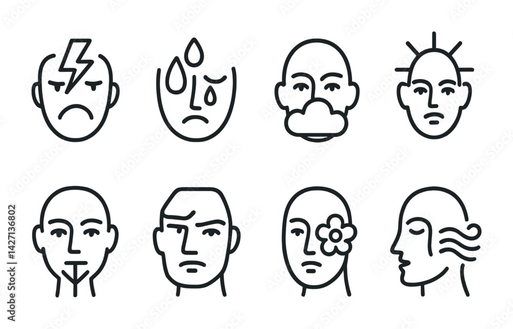 Aufkleber emotion and expression outline icon set – minimalist style faces and moods symbols for design and co