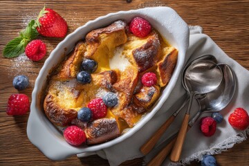 Warm and comforting French toast casserole, baked to golden perfection and topped with fresh berries and a light dusting of powdered sugar. A delightful breakfast or brunch treat!