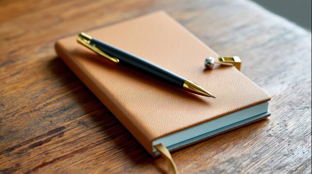Luxurious leather notebook with elegant pen and stud earrings on wooden desk