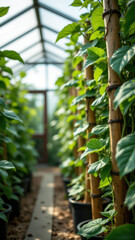 Obraz premium Green plants growing hydroponically on a farm with bamboo structures.