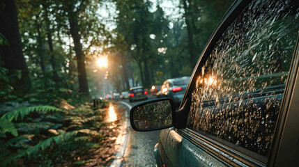 Fototapeta premium Raindrops on a car window with a view of a forest road and a line of vehicles at sunset, creating a calm, cinematic atmosphere