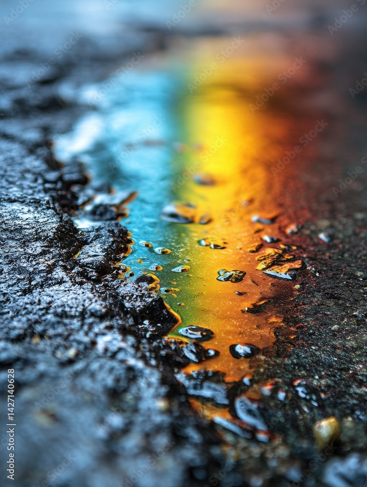 Leinwandbilder rainbow colors reflecting in a puddle of oil on asphalt creating a vibrant and mesmerizing close-up 