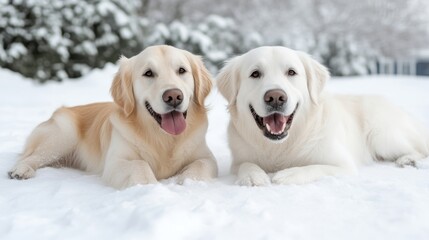 Two happy golden retrievers in the snow