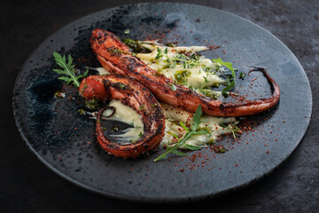 Authentical Italian polpo alla griglia su crema di patate with barbecued octopus, potato creme and fried bacon served as close-up on a Nordic design plate