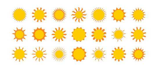 Sun icon, summer ray light, circle sunrise, shine symbol yellow silhouette, weather solar pictogram, morning set isolated on white background. Simple screen vector illustration
