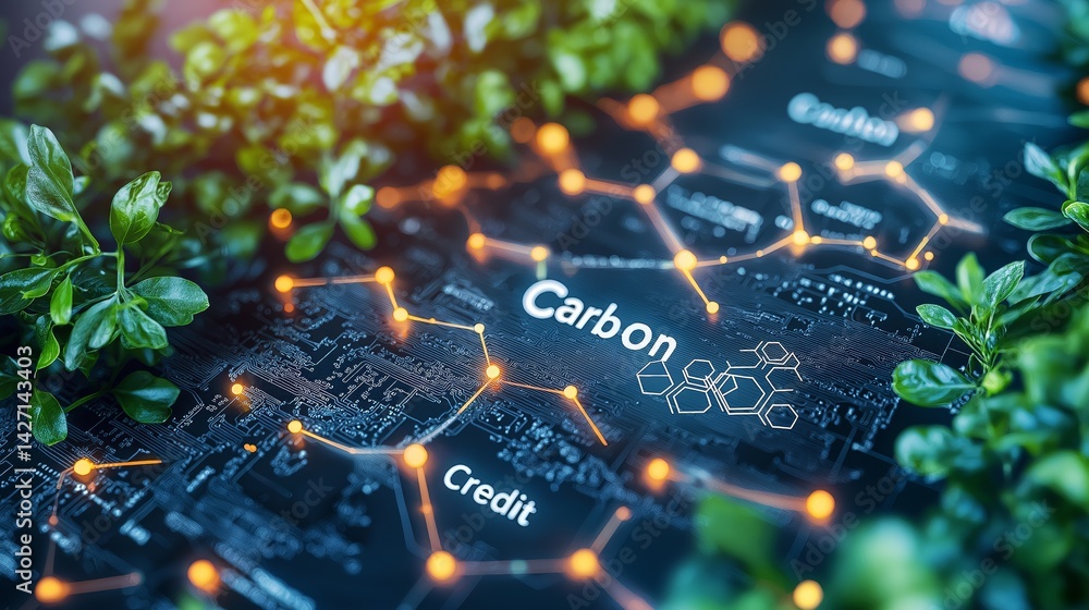 Leinwandbilder Digital carbon credit network with glowing data lines integrated in green foliage symbolizing sustainable tech innovation and nature, Generative AI