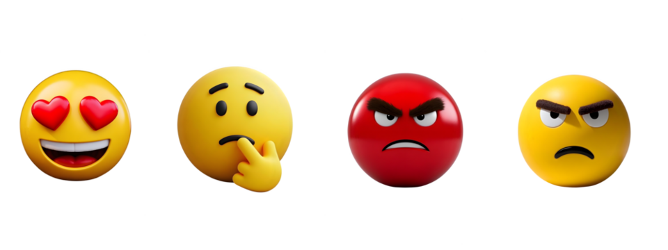 Set of yellow emoji with Heart-Eyes, , Confused, angry isolated on transparent background - Powered by Adobe