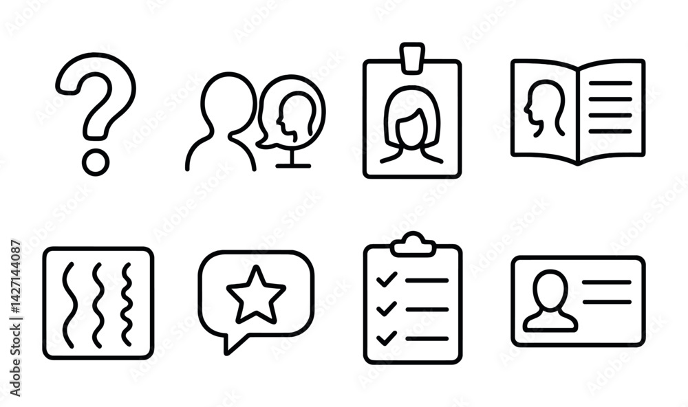 Poster communication and identification icon set – outline style design and profile visuals for documentati