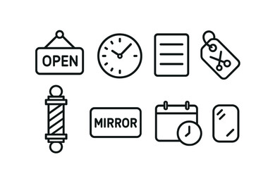 Barber shop outline icon set – linear style grooming and haircut symbols for salon decor, hair styling, and appointment: open sign, clock, scissors, barber pole, mirror, calendar