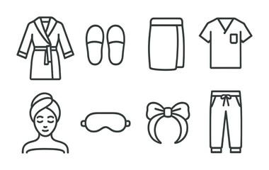 Sleep and relaxation icon set – line style rest and comfort symbols for leisure and nighttime essentials: bathrobe, slippers, eye mask, pajamas, hair towel, headband, nightdress