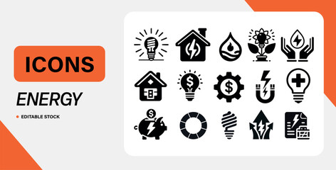 Energy Icons Set - Vector Symbols for Power, Sustainability, and Utilities