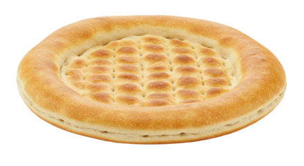 A close up view of a round flatbread with a patterned center on a black background in high resolution