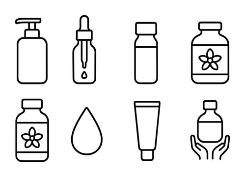 Skin care and beauty outline icon set – minimalist cosmetic symbols for wellness routines: lotion, serum, bottle, dropper, cream, drop, tube, hands