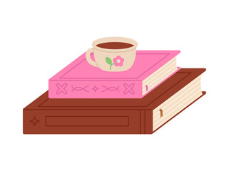 Vector stack of books with cup of coffee on, isolated on white background