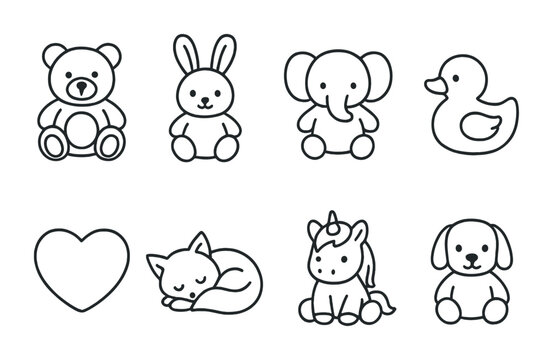 Animal and toy outline icons set – linear style baby and kid symbols for nursery decor, childhood fun, and playroom design: teddy bear, bunny, elephant, duck, heart, cat, unicorn, dog