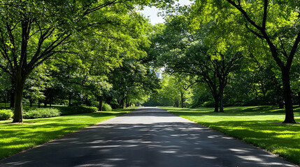 Fototapeta premium Sunlight Filled Park Pathway Lined With Lush Trees