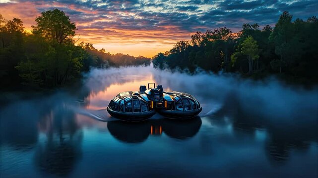 A futuristic hovercraft gliding over a serene river at sunrise, surrounded by misty trees
