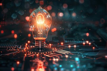 Light bulb on center with glowing core on dark background innovation technology futuristic.