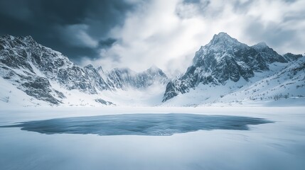Obraz premium Stunning Winter Landscape Frozen Lake Majestic Mountains Dramatic Sky Snow Covered Peaks Serene Nature Scene Breathtaking View Cold Weather Frosty Air