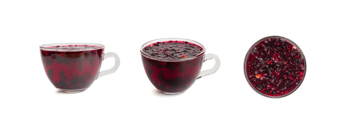 Hibiscus Tea, Dry Rose Drink, Cold Fruit Red Tea in Transparent Mug, Roselle Hibiscus Tea