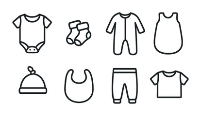 Baby clothing icon set – outline style newborn and infant wardrobe symbols: onesie, socks, sleepsuit, blanket, hat, bib, pants, t-shirt
