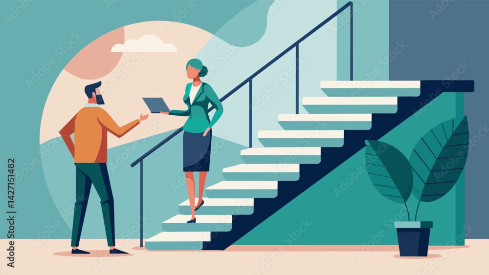 Poster the architect and client stop to admire a beautifully crafted staircase each expressing their excite