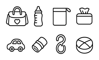 Baby essentials icon set – outline style nursery and parenting symbols for childcare and newborn needs: diaper bag, baby bottle, bib, wipes, car, towel, hook, pillow