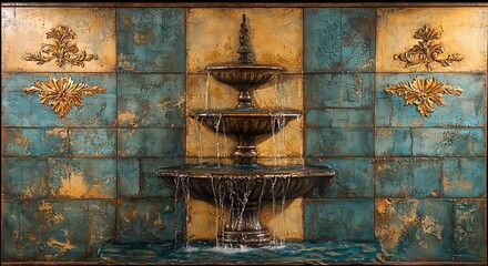 Hand drawn scroll design frames the fountain of righteousness from the Book of Enoch water depicted in washed out teal trickling over cracked stone etched with archaic symbols