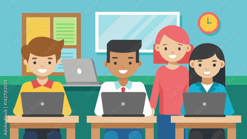 Poster a group of students sitting in a classroom one using a brand new laptop while another has a slightly