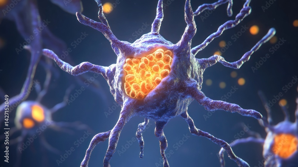 Poster complex neural network structure with highlighted cell components.