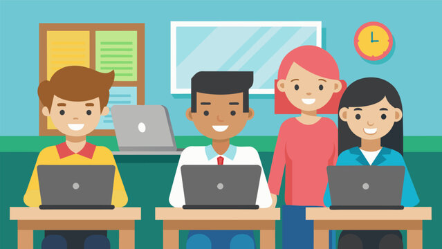 A group of students sitting in a classroom one using a brand new laptop while another has a slightly outdated one.. Vector illustration