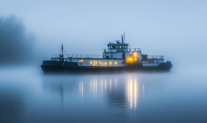 Fototapeta premium Foggy river, tugboat at dawn, lights on, calm water, tranquil scene, ideal for travel, nature, or transportation websites