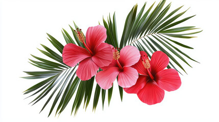 Vibrant red hibiscus flowers are artfully arranged with verdant palm fronds against a pristine white backdrop creating a beautiful tropical floral composition.