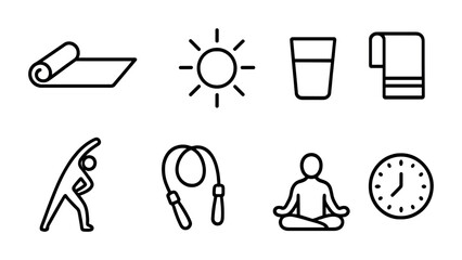 Fitness and wellness icon set &ndash; outline style symbols for health and exercise motivation, gym routines, and personal care: yoga mat, sun, water glass, towel, stretching, jump rope, meditation, clock