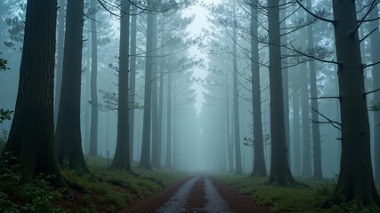 Obraz premium Misty forest with tall trees