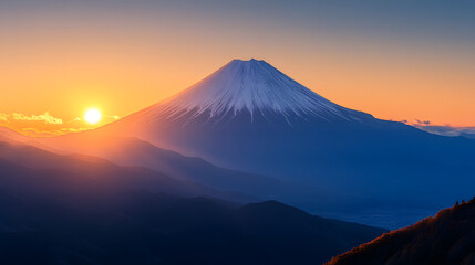 Snowy mountain range at sunrise. Majestic peaks. Vast landscape. Perfect for travel inspiration, motivational posts, wallpapers