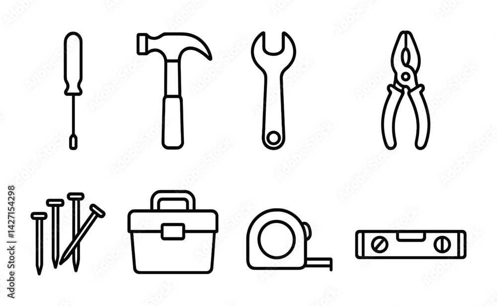 Poster tool and maintenance icon set – outline style hardware and handyman symbols for repair and construct
