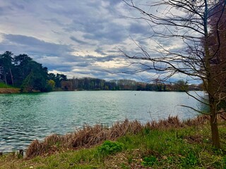 Scenic view of the lake at Parc de la Tête d'Or in Lyon, France, with cloudy dramatic sky, bare trees, and lush shoreline vegetation in early springtime