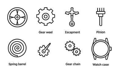 Watch parts icon set — linear style symbols for clockmaking and repair: gear wheel, escapement, pinion, spring barrel, gear chain, watch case
