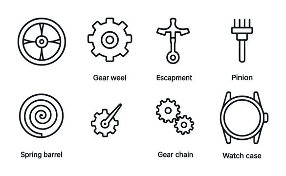 Watch parts icon set — linear style symbols for clockmaking and repair: gear wheel, escapement, pinion, spring barrel, gear chain, watch case