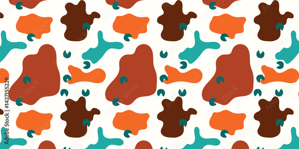 Poster scatter seamless pattern with donkey footprints and abstract fluid shapes for textile, fabric, wrapp