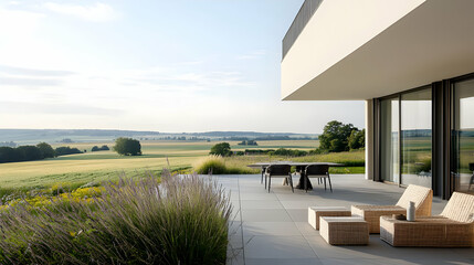 Fototapeta premium Modern House Exterior With Patio And Countryside View
